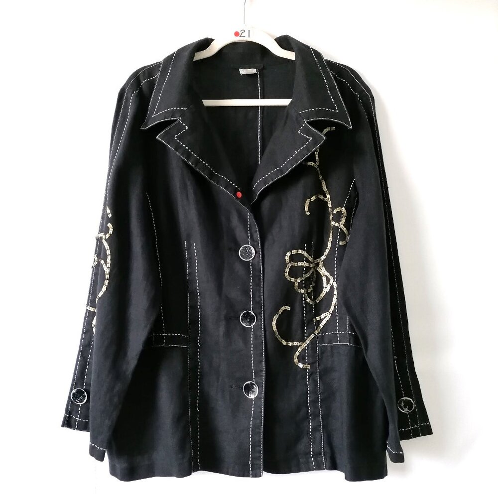 Alain Weiz Women's Black Sequin Embellished Linen Lapel Boxy Jacket Size 18